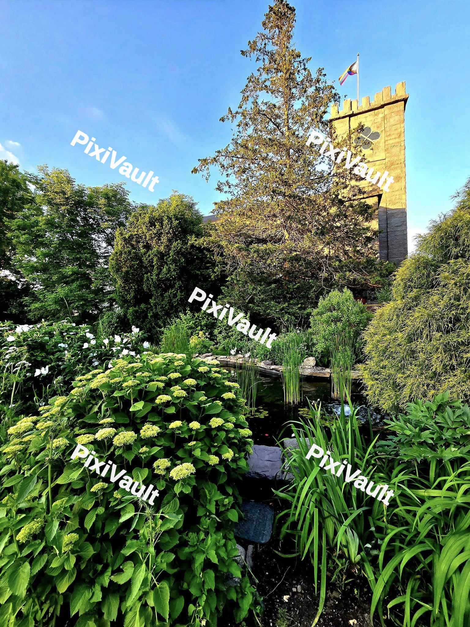 A garden view of a Castle tower
